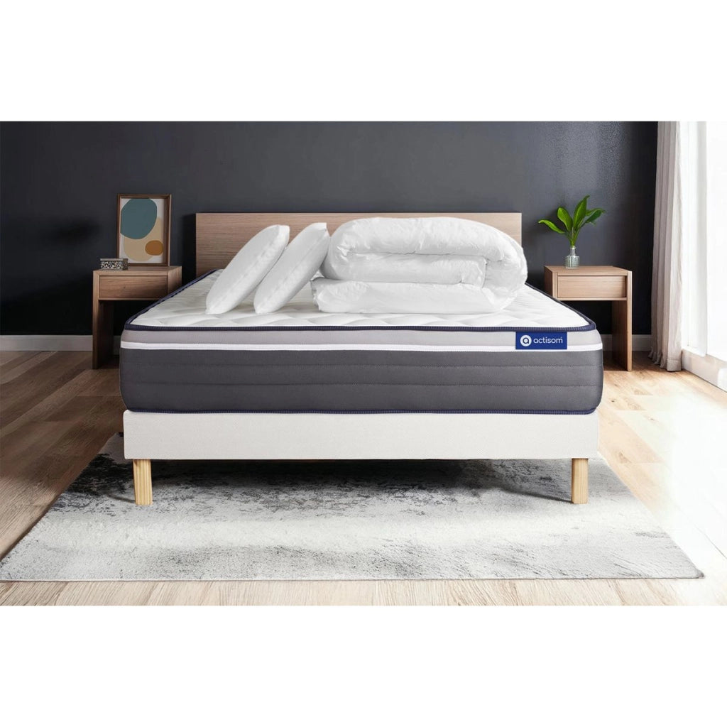 Pacchetto letto completo - Materasso 140x200cm + Box spring con doghe (kit) + 2 cuscini + Piumino - ActiMemo Plus
