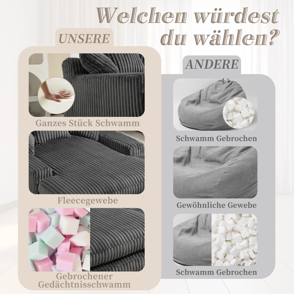 Chaise Longue da Interno 1 Posto con 3 Cuscini; Senza Montaggio; Seduta Ergonomica in Velluto a Coste Grigio Scuro
