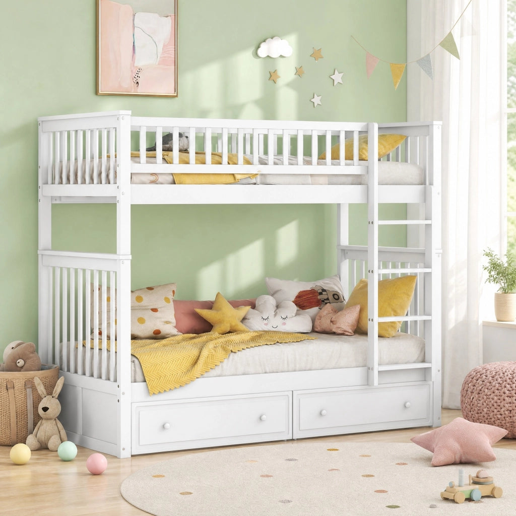 DESMIU Letto a castello per bambini 90 × 200 cm con 2 cassetti, convertibile in 2 letti, senza materasso, bianco