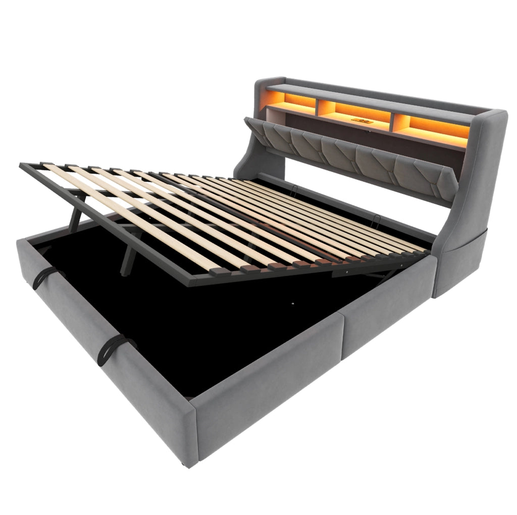 Letto contenitore imbottito 180x200 cm con LED, prese integrate e testiera con vano
