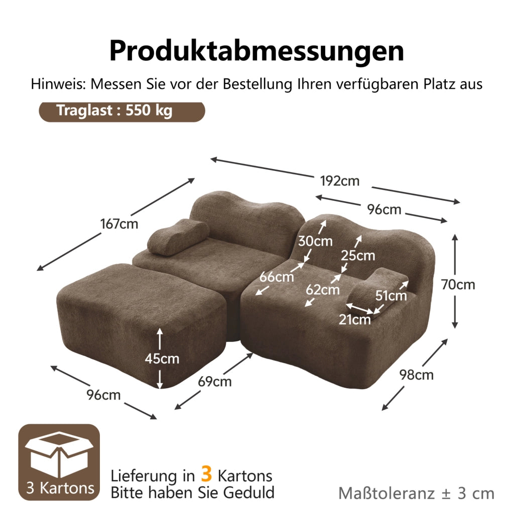 Divano modulare angolare in velluto marrone con pouf; 192x167x70 cm; senza montaggio