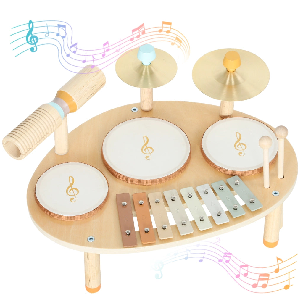Set di Strumenti Musicali per Bambini da 2+ Anni con Tamburi e Xilofono, Colore Legno