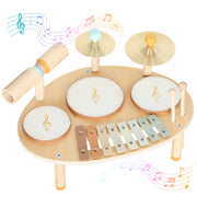Set di Strumenti Musicali per Bambini da 2+ Anni con Tamburi e Xilofono, Colore Legno