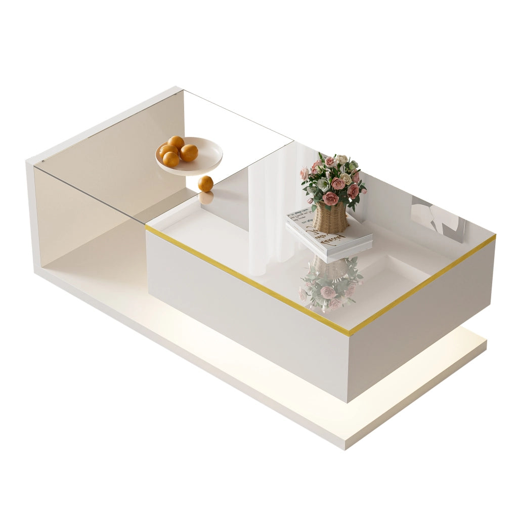 Tavolino da Salotto con Piano in Vetro Temperato e LED Bluetooth 16 Colori; Bianco Lucido; con Ripiani Aperti; Bianco