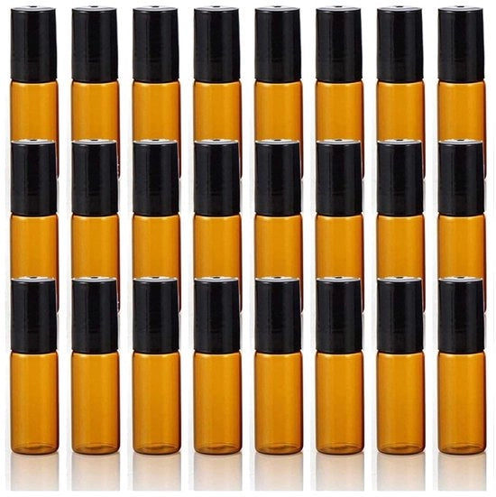 Roll-on Flessi 24 x 5ml - Bicchieri in Vetro Scuro - Per Olio Essenziale - Profumo - Lozione - Roller in Acciaio Inossidabile 304 di Alta Qualità