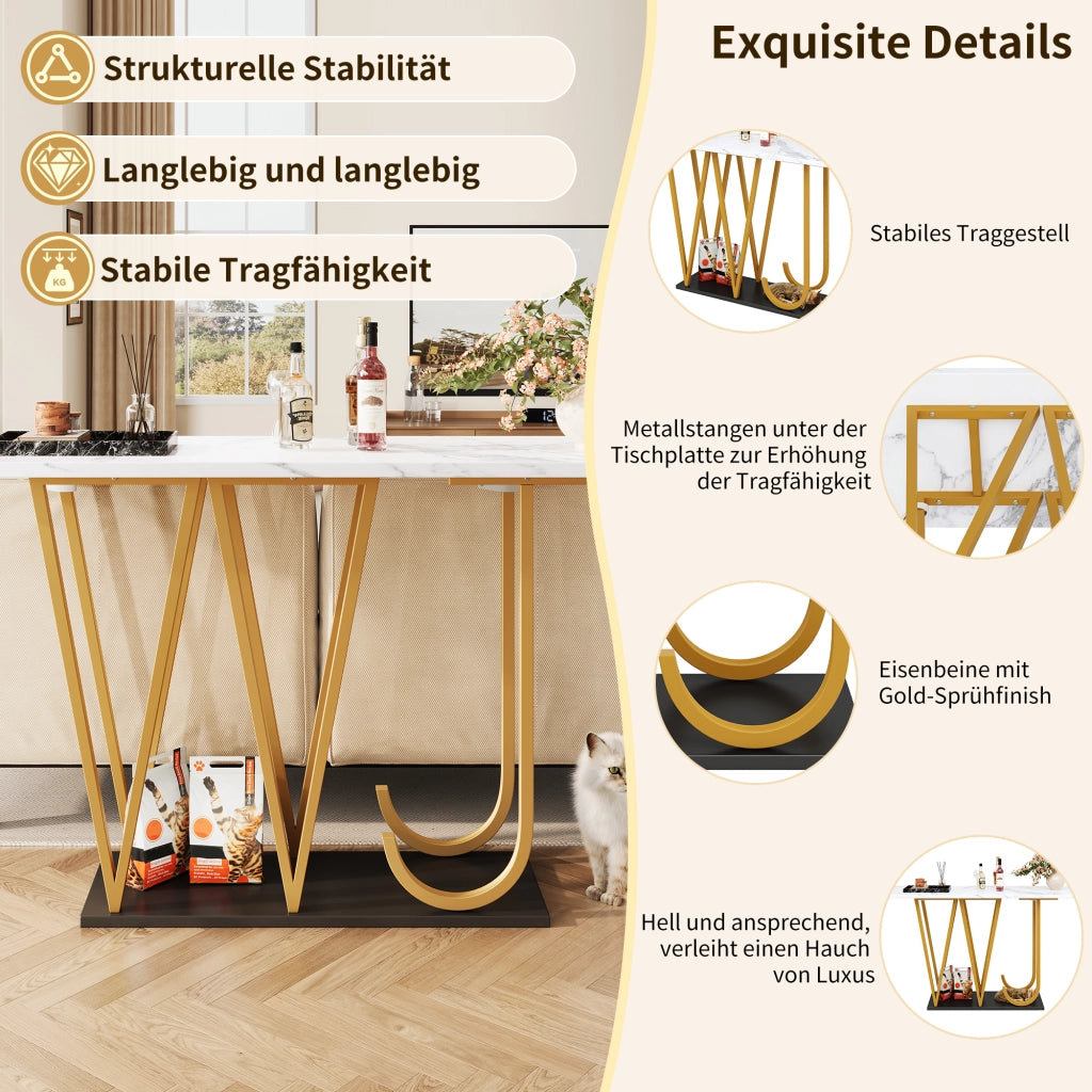 TAVOLO 120x29,5x80 cm in MDF e metallo bianco effetto marmo