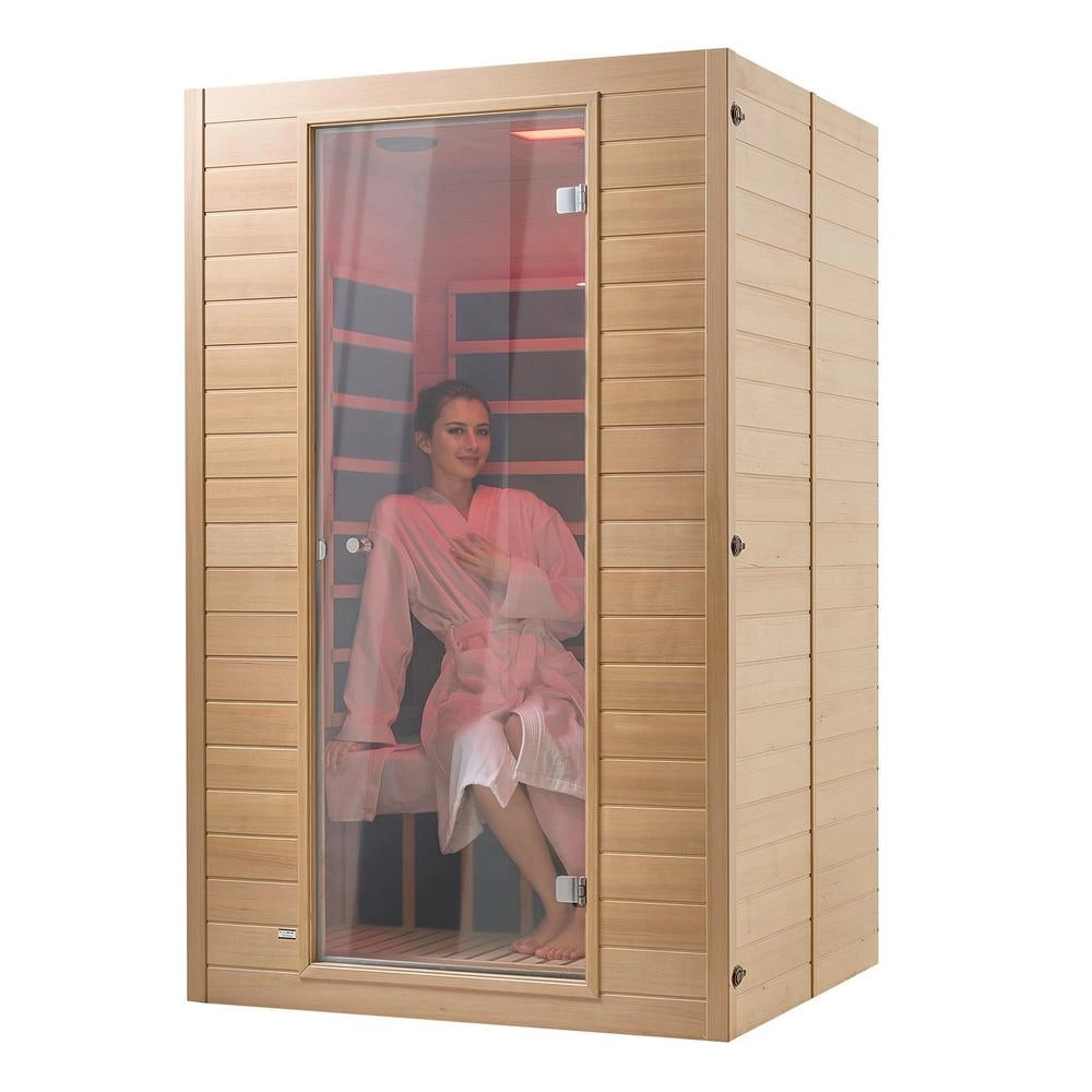 Sauna Infrarossi Lontani 2 Persone Legno Hemlock Basso EMF Vetro Temperato Bluetooth 1800W Interno