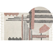 Tappeto in cotone beige e Nero tessuto a mano con frange 80 x 150 cm