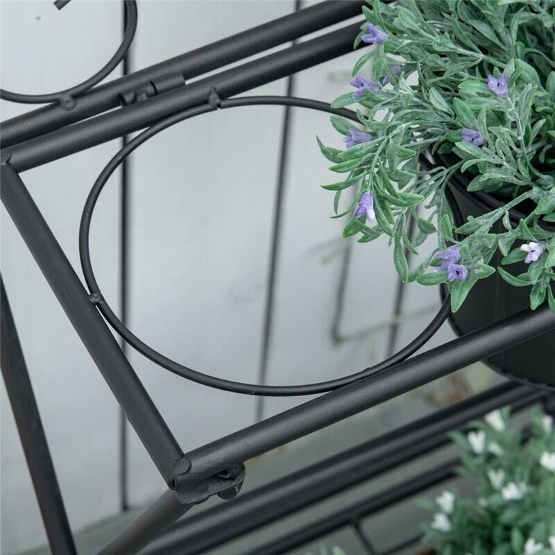 PORTAPIANTE IN METALLO PIEGHEVOLE CON 3 VASI E RIPIANO INFERIORE PER CASA E GIARDINO, 47X37X78.5CM, NERO