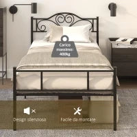 Struttura Letto Singolo in Acciaio con Doghe Integrate, Testiera e Pediera, 90x200cm