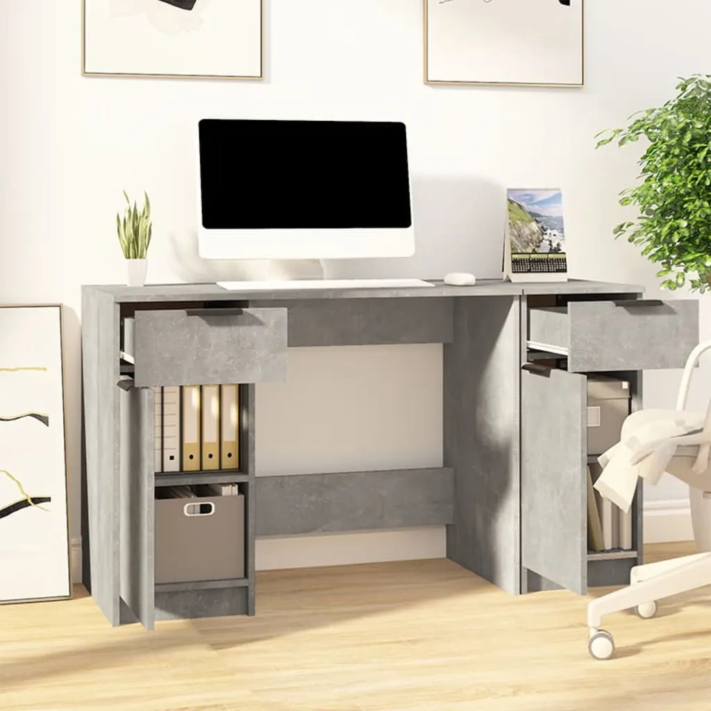 Scrivania | Tavolo da Ufficio con Mobile Laterale Grigio Cemento Legno Multistrato