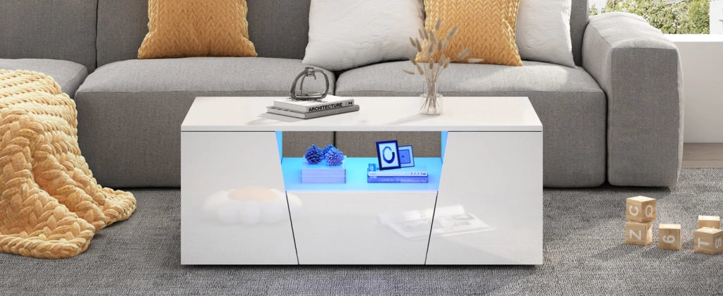 TAVOLINO DA SALOTTO LED 100x50x40 cm Bianco in Truciolare con 2 Armadietti e 1 Cassetto