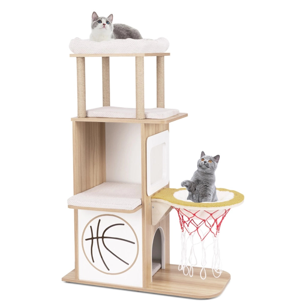 Albero per gatti in legno con 2 posatoi amaca posti per graffiare in sisal, Torre per gatti a tema sportivo di 120cm Naturale