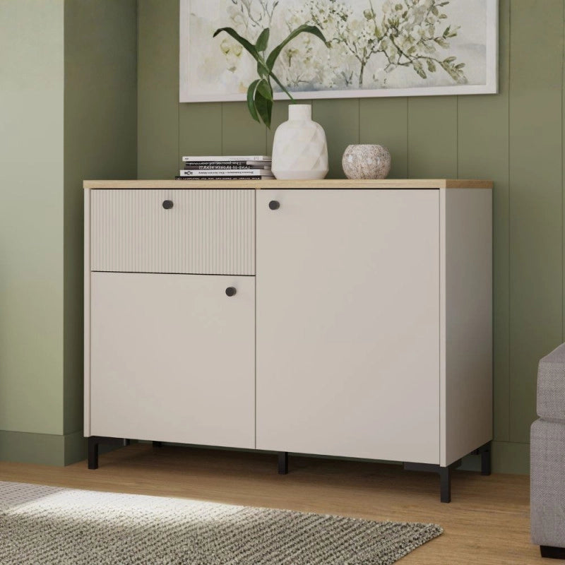 Madia Unit 2 ante e 1 cassetto cannettato L 103.1 x P 41.9 x H 79 cm. colore cashmere con top rovere