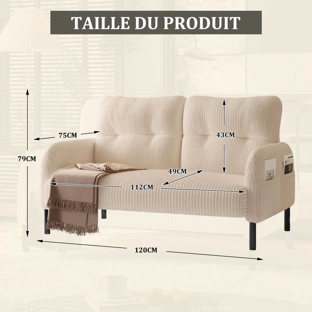 Divano a 2 posti in cord beige con tasca laterale schienale e braccioli gambe in metallo 120 × 75 × 79 cm