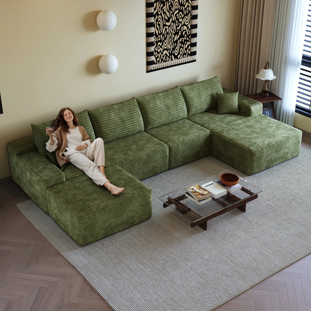 Divano ad angolo modulare con chaise longue a L e seduta in schiuma ad alta elasticità, tessuto verde 270 × 175 × 83 cm