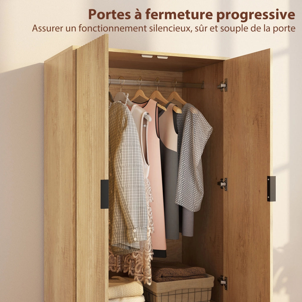Armadio Camera da Letto con 2 Ante Scorrevoli 2 Cassetti Appendiabiti ¨C zephmum ¨C 80x50x180 Legno Naturale