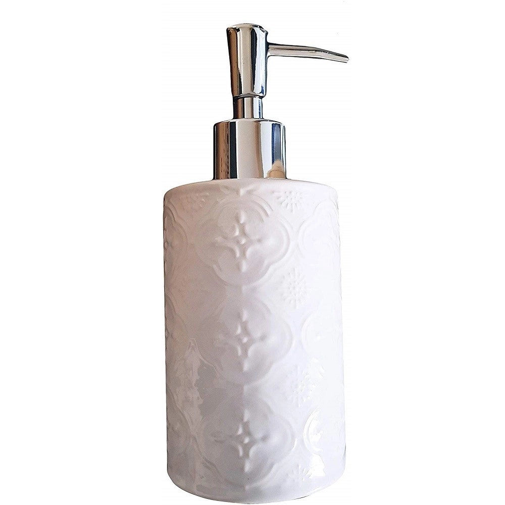 Trade Shop - Portasapone Cilindrico Barocco Bianco  10317 Trama Legno 18cm Ceramica Sapone -