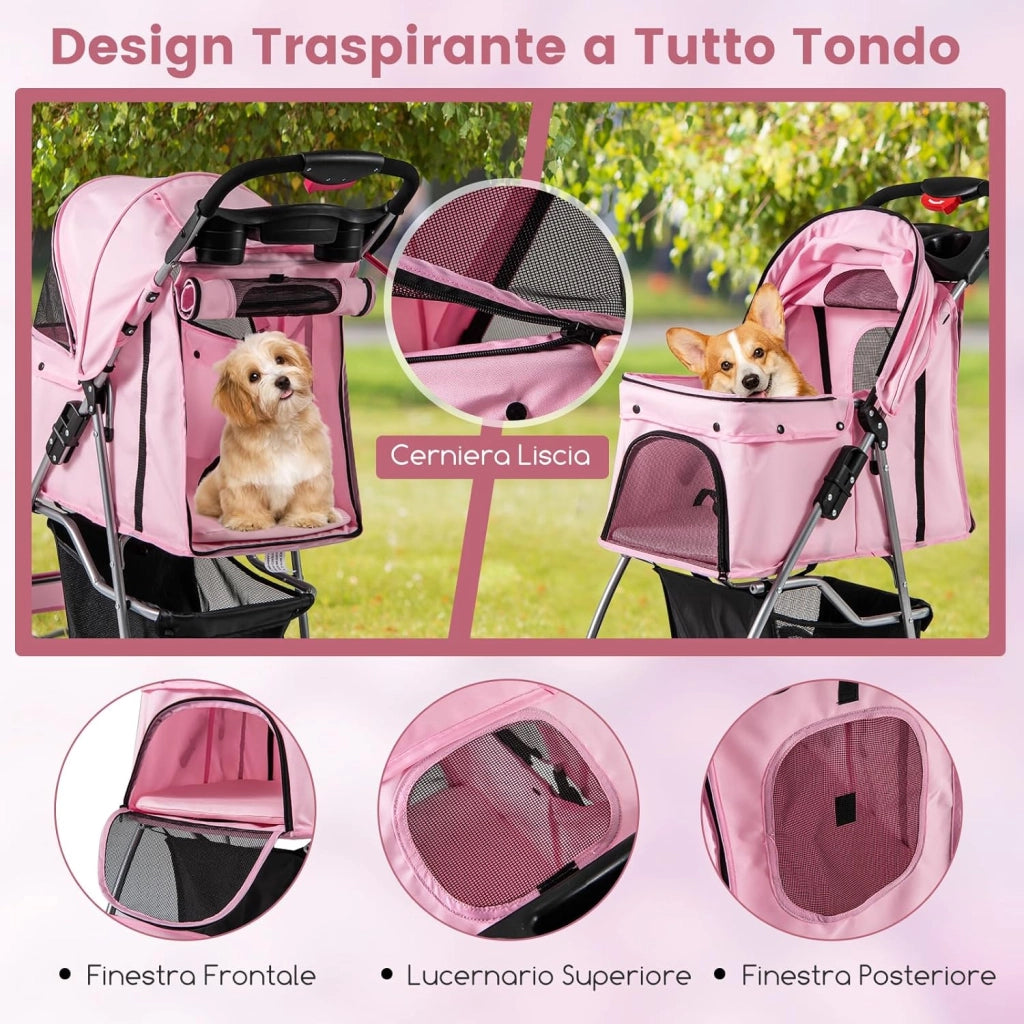 Passeggino per Cani, Carrozzina per Cani Pieghevole Fino a 15 kg, 4 Ruote con Finestra a Rete Porta Bicchiere e Cesto, Passeggino Portatile per Animali Piccola e Media (Rosa)