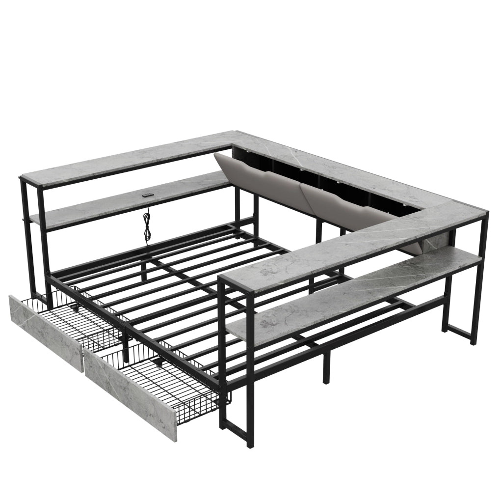 Letto imbottito 140x200 con USB e Type-C; 2 cassetti; rete a doghe; grigio