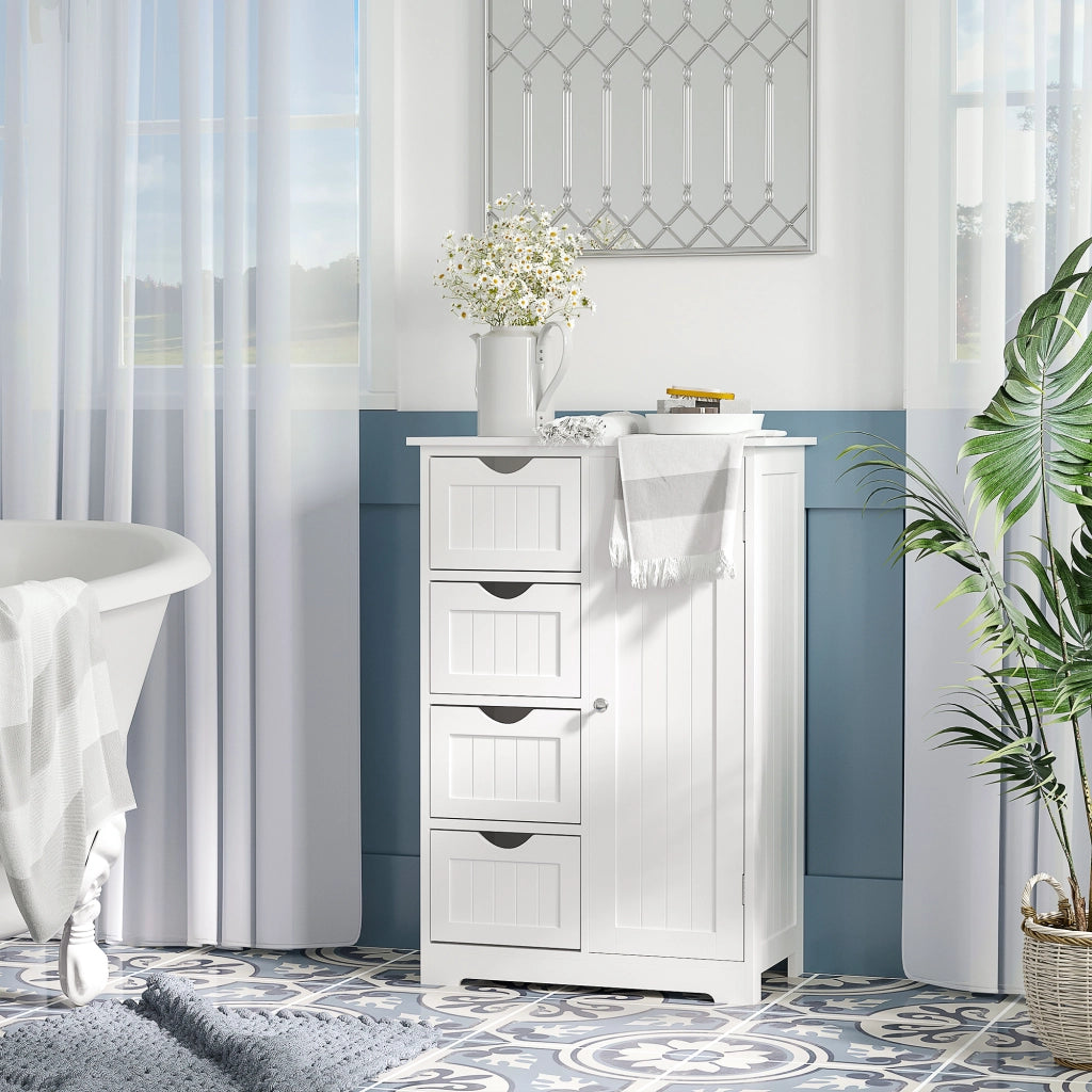 Mobile da Bagno con Anta, 4 Cassetti e Ripiano Regolabile ¨C zephmum ¨C 56x30x83 cm Bianco