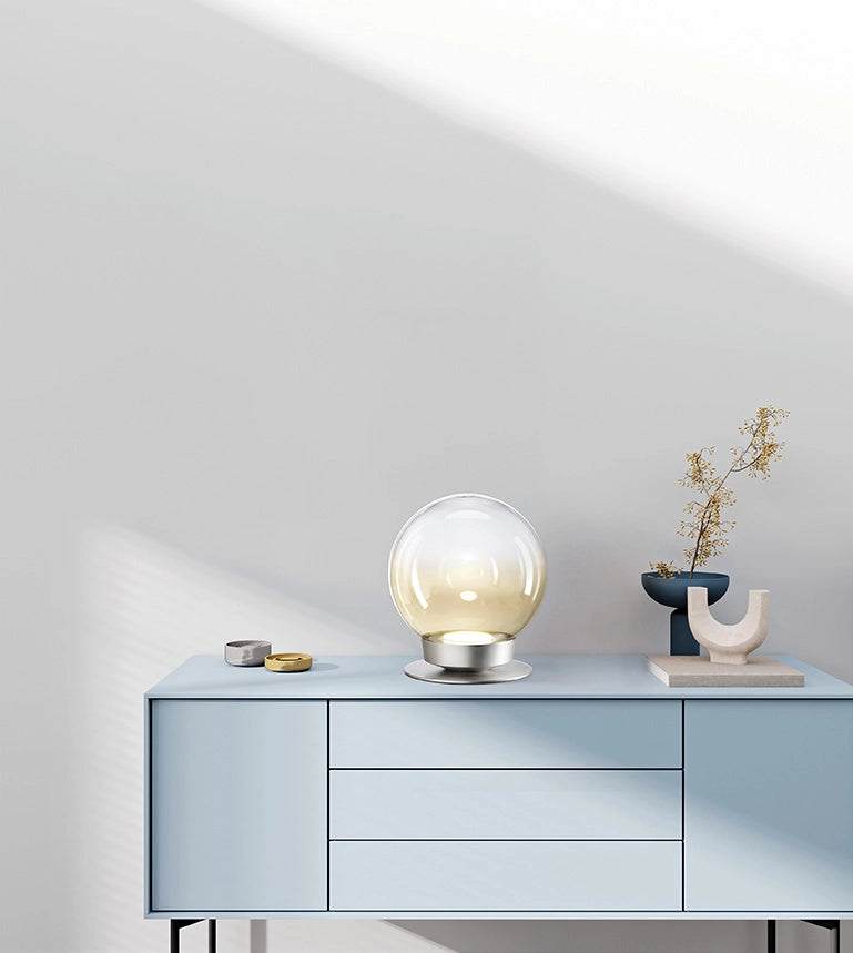 JOTTO LAMPADA DA TAVOLO IN METALLO COLORE ALLUMINIO VETRO SFUMATO AMBRA DA 25CM 1 LUCE ATTACCO GX53 DIMMERABILE