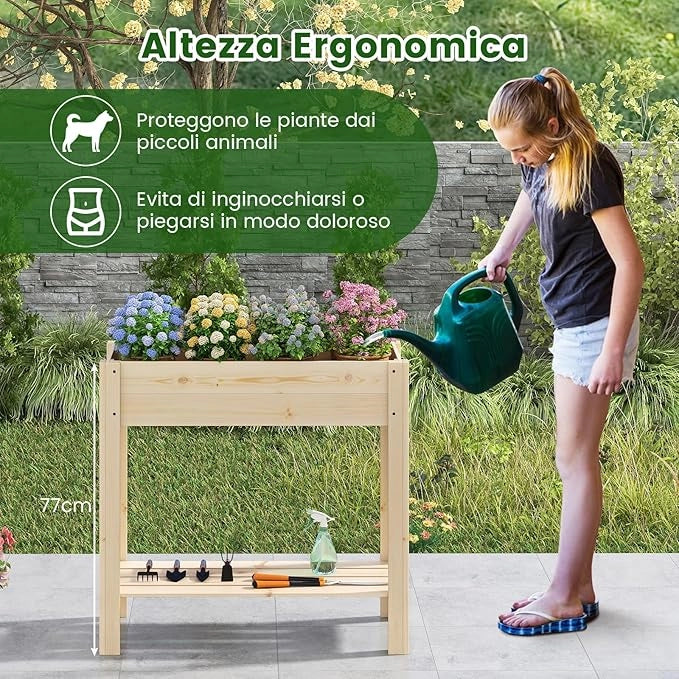 Letto da Giardino Rialzato in Legno, Fioriera Elevata con Ripiano, Drenaggio, Contenitore per Fiori, Erbe e Frutta, Scatola da Giardinaggio per Interno ed Esterno, 81x37x77CM