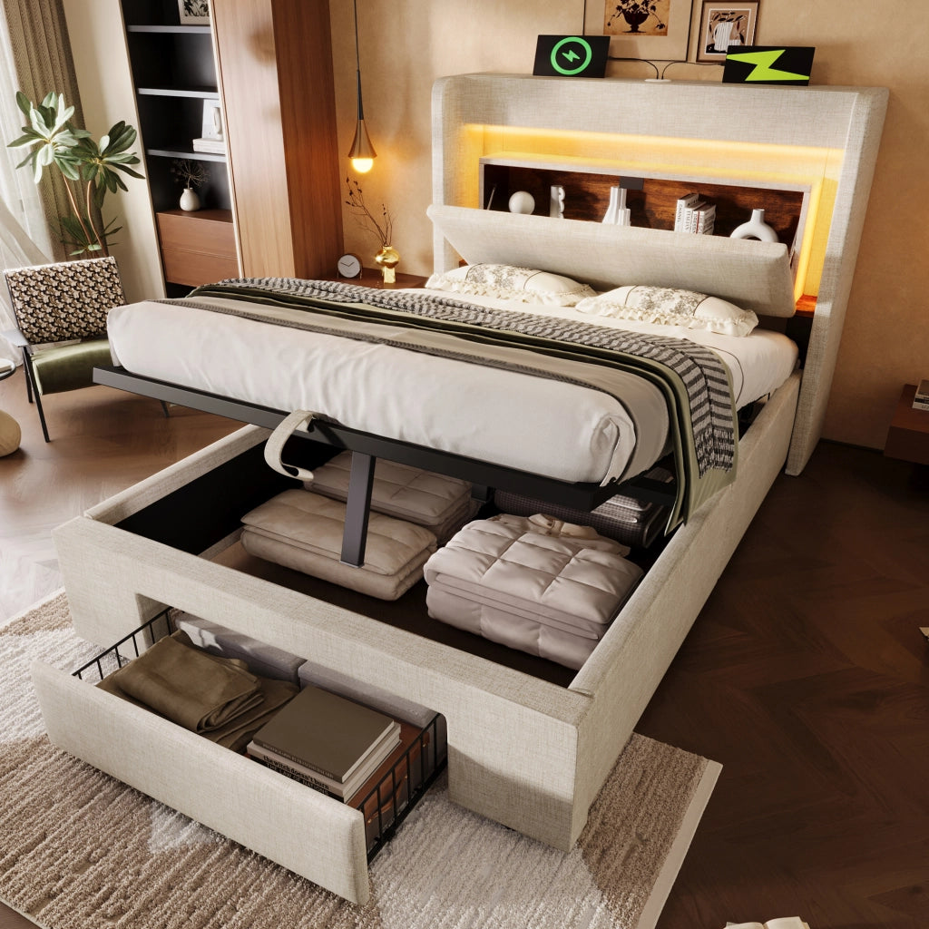 OKWISH Letto Contenitore 90×200 cm, Letto Singolo con Contenitore Idraulico, Cassetto, USB, Tipo C e LED Regolabile, senza Materasso, Lino, Beige