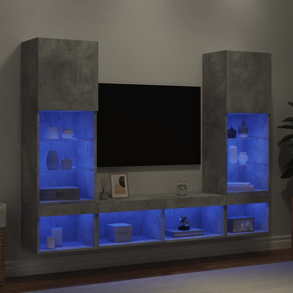 Mobili TV a Muro con LED 5 pz-Credenza per TV sospesa Grigio Cemento Legno Multistrato 233580