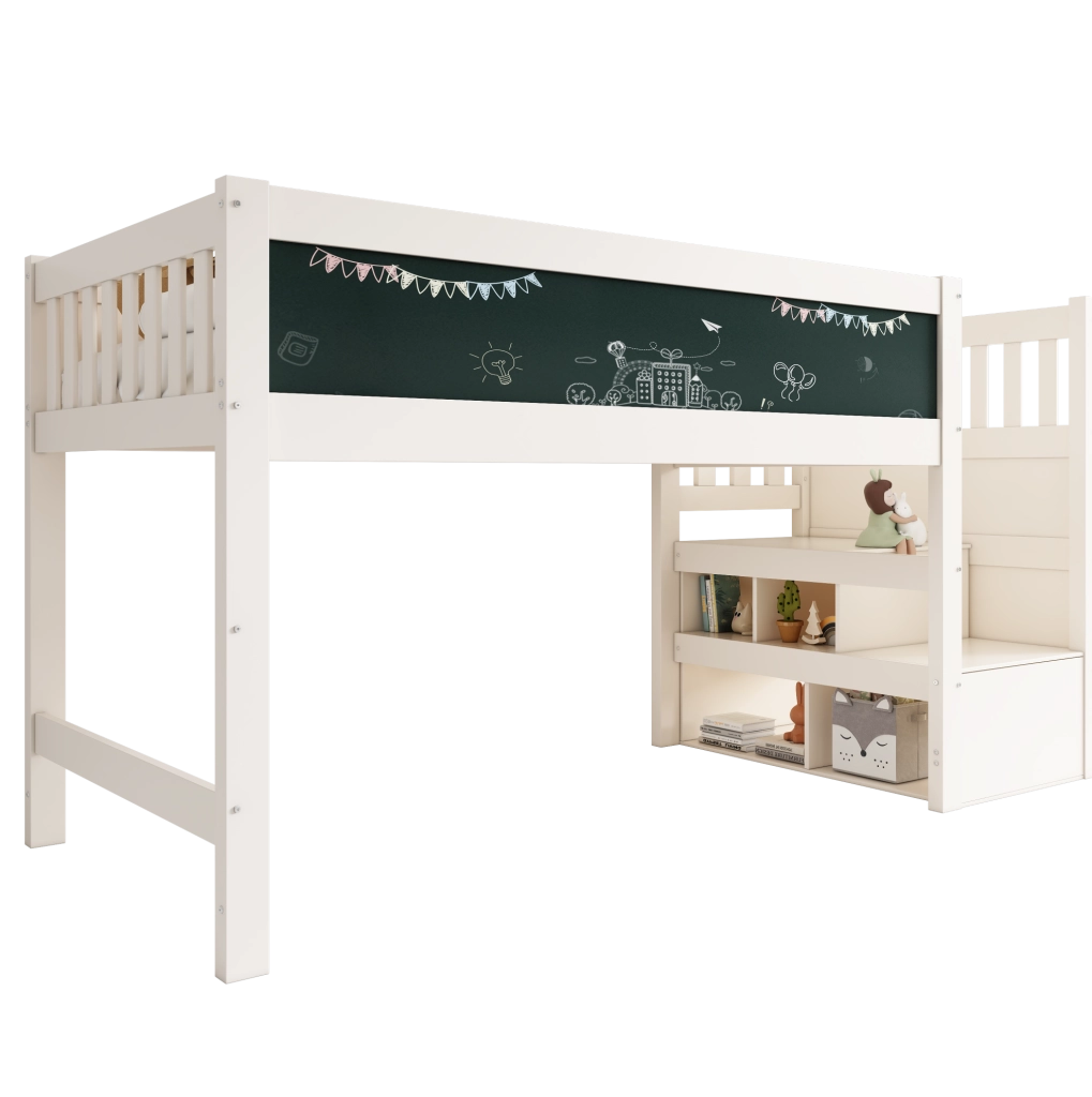 Letto a soppalco 90x200 cm con scala contenitore; MDF e legno massello; bianco