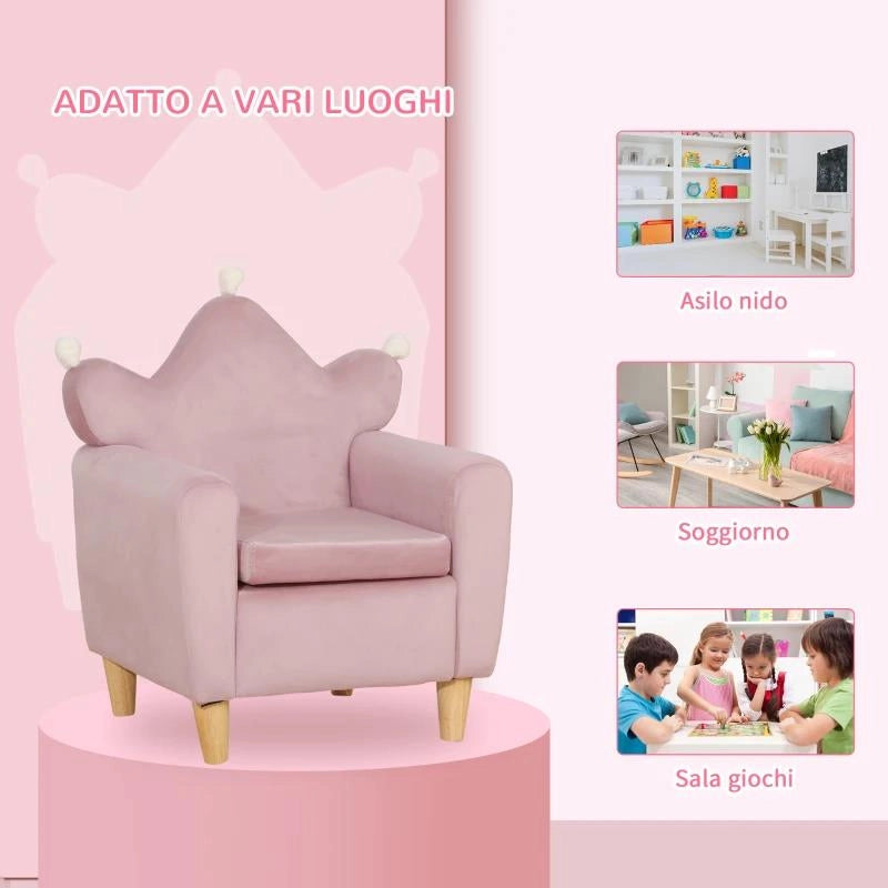 POLTRONA PER BAMBINI IN TESSUTO EFFETTO VELLUTO ROSA CON SCHIENALE A CORONA, 50.2X41.9X57.8 CM