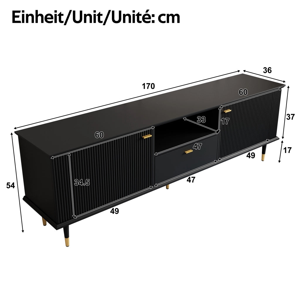 Mobile porta TV con 2 ante, 1 vano aperto e 1 cassetto, passacavi, chiusura ammortizzata, in MDF nero, 170 × 36 × 54 cm