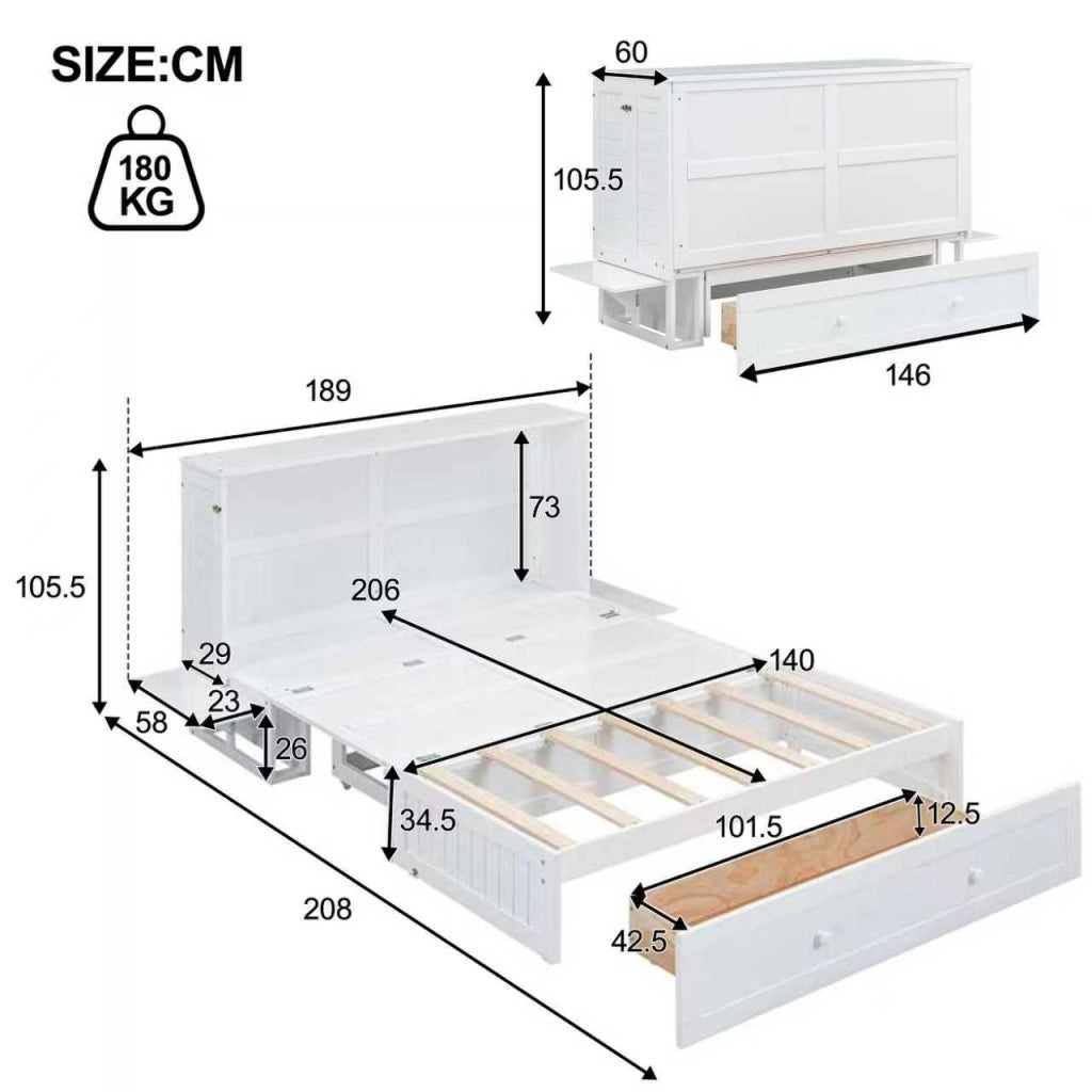 LETTO A SCOMPARSA 140x200 cm Bianco in pino e MDF con cassetto e ripiani