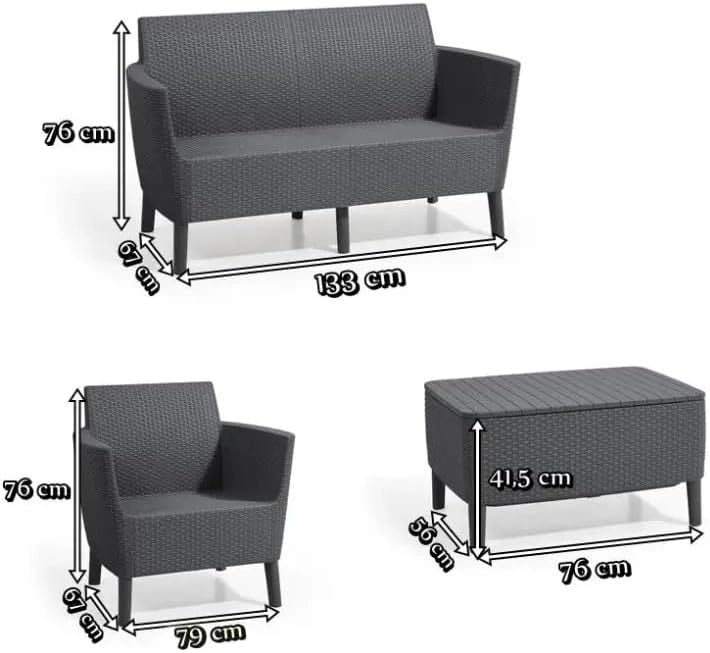Set da Giardino 4 Pezzi in Rattan Sintetico con Cuscini e Tavolino Contenitore Colore Grafite Modello Salemo Lounge Keter