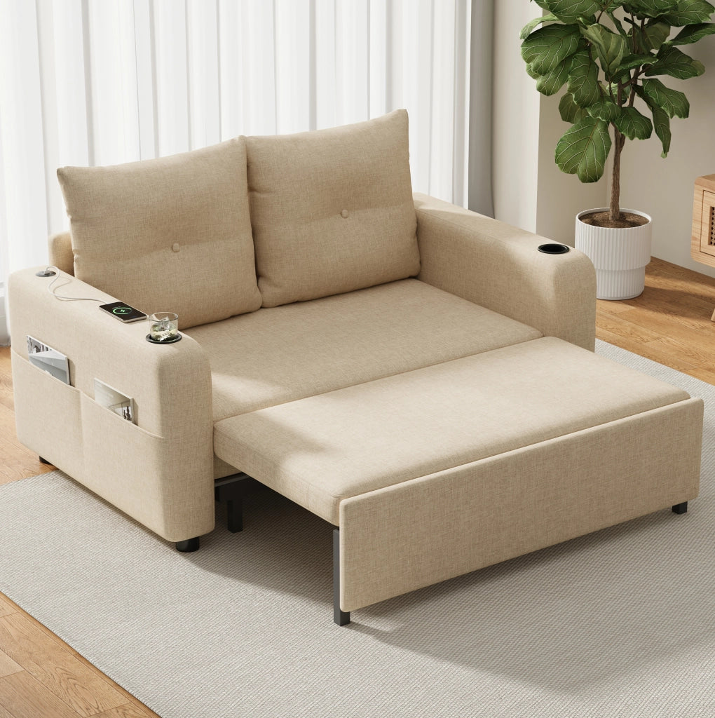 Divano Letto 3-in-1 Beige con Porta Bicchieri, Tasche Laterali, Cuscini e Porta USB, 2 Posti