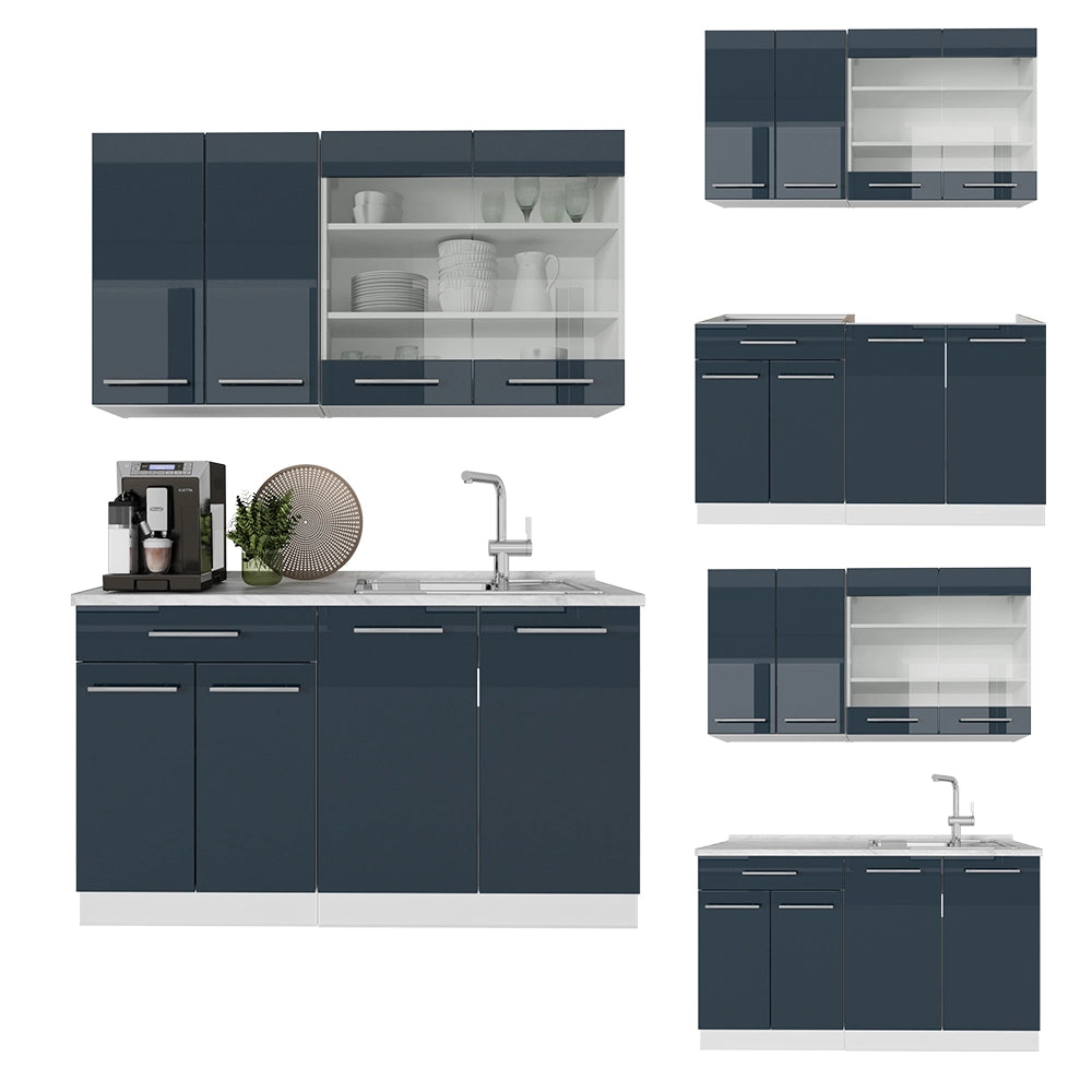 Mobili da cucina Fame-Line Blu scuro lucido/Bianco 140 cm, PL Antracite Vicco