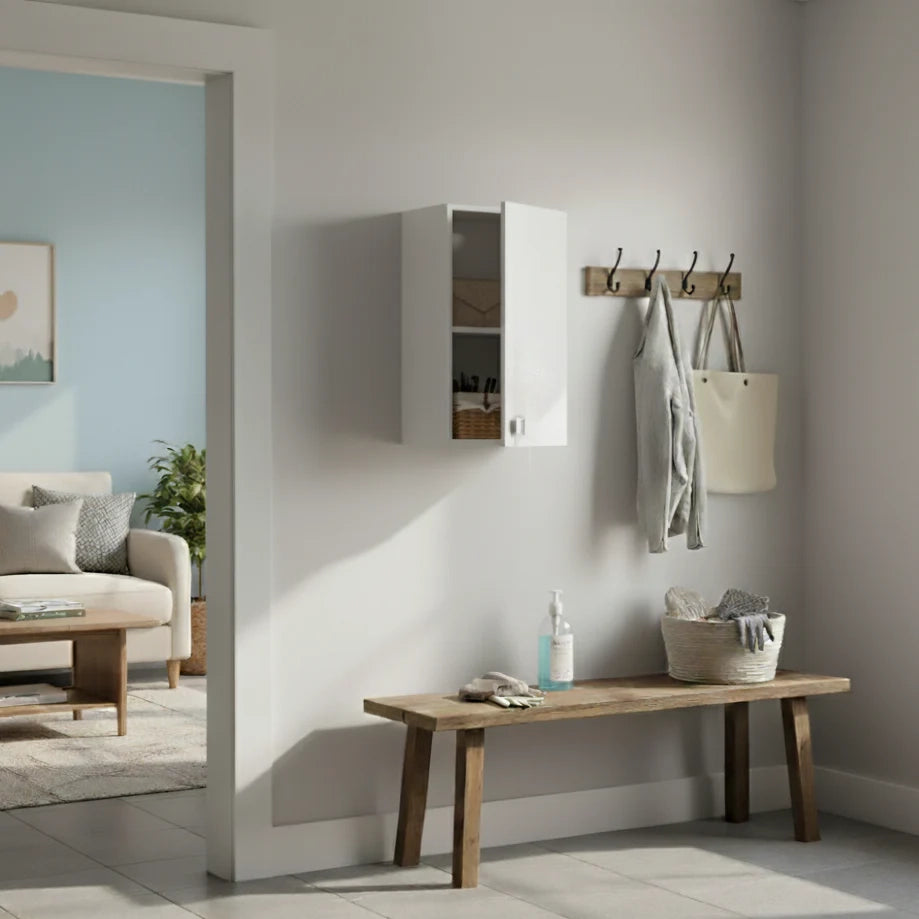 Pensile 1 Anta Bianco Frassinato 40×69×33 cm | Mobile Sospeso Salvaspazio con Ripiano Regolabile | Già Assemblato per Bagno, Cucina, Lavanderia e Ingresso