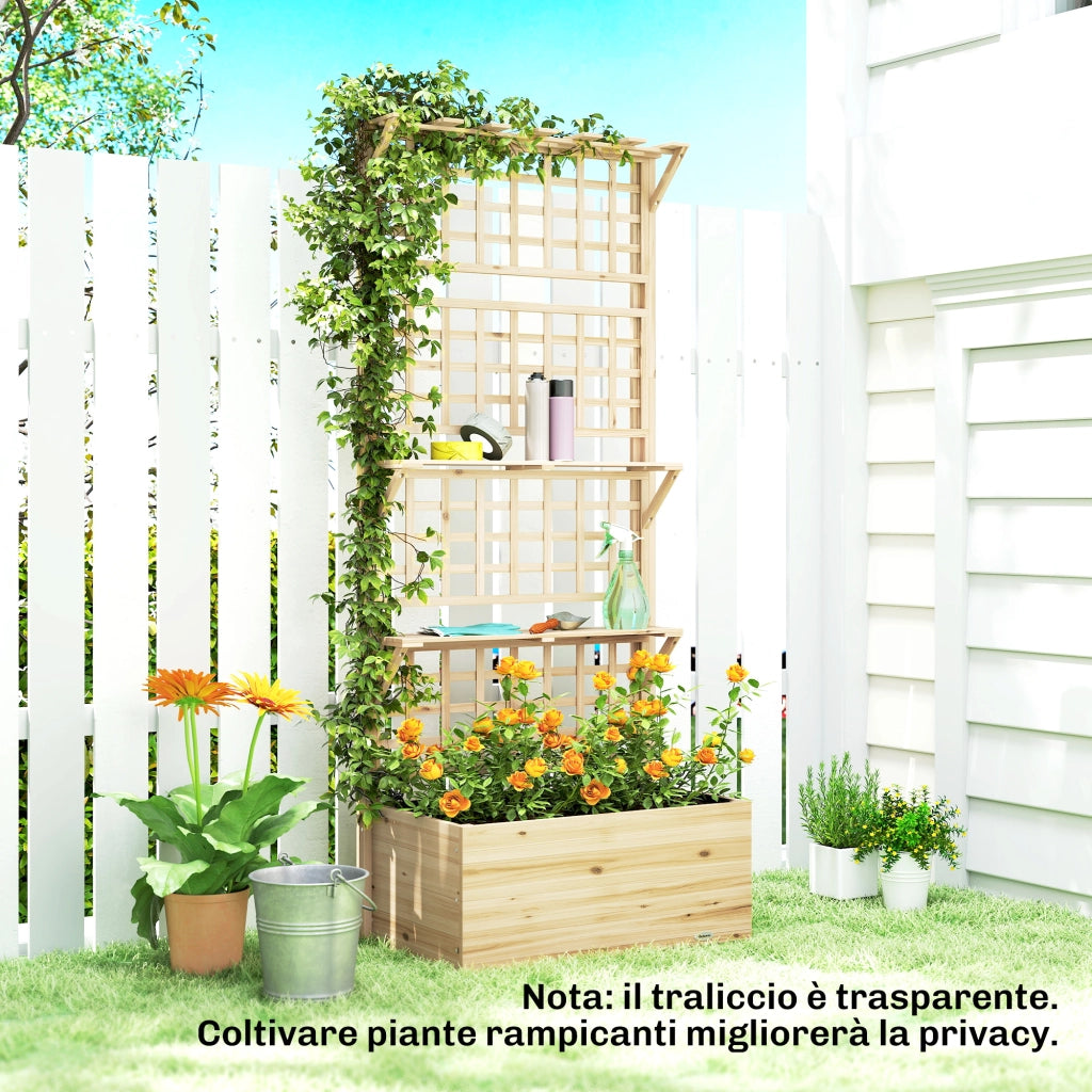 Fioriera Rialzata con Traliccio 76x43,5x177 cm Tetto e 2 Mensole in Legno Colore Naturale
