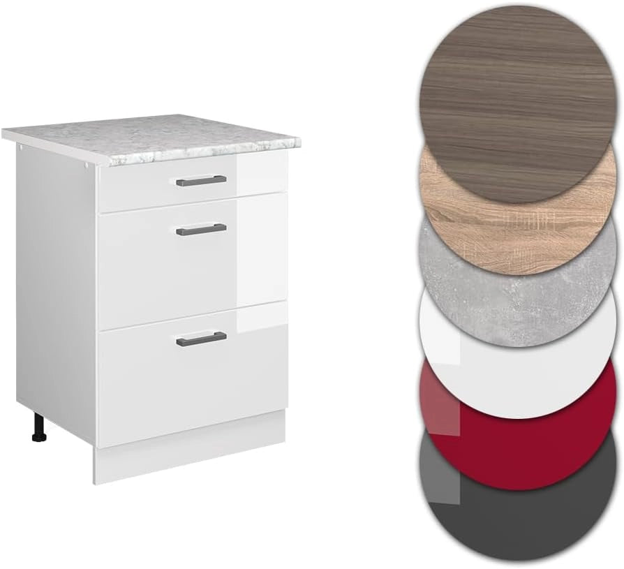 Mobiletto base per cucina R-Line, Bianco lucido, 60 cm con cassetti PL Marmo, per la libera combinazione all'interno di sistemi cucina modulari