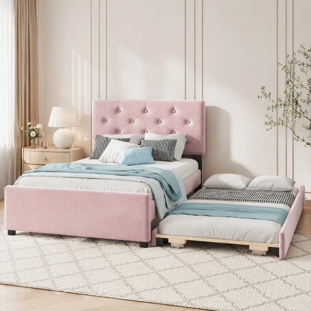 LETTO Imbottito 90x200 cm Velluto Rosa con letto estraibile e rete a doghe