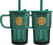 Set di bicchieri in vetro - Colore verde - Manico - 430 ml - Ideale per smoothie - Adatto anche al caffè - Insegna d'oro