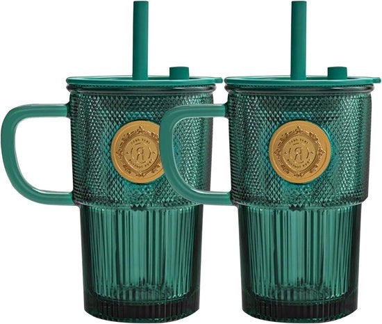 Set di bicchieri in vetro - Colore verde - Manico - 430 ml - Ideale per smoothie - Adatto anche al caffè - Insegna d'oro