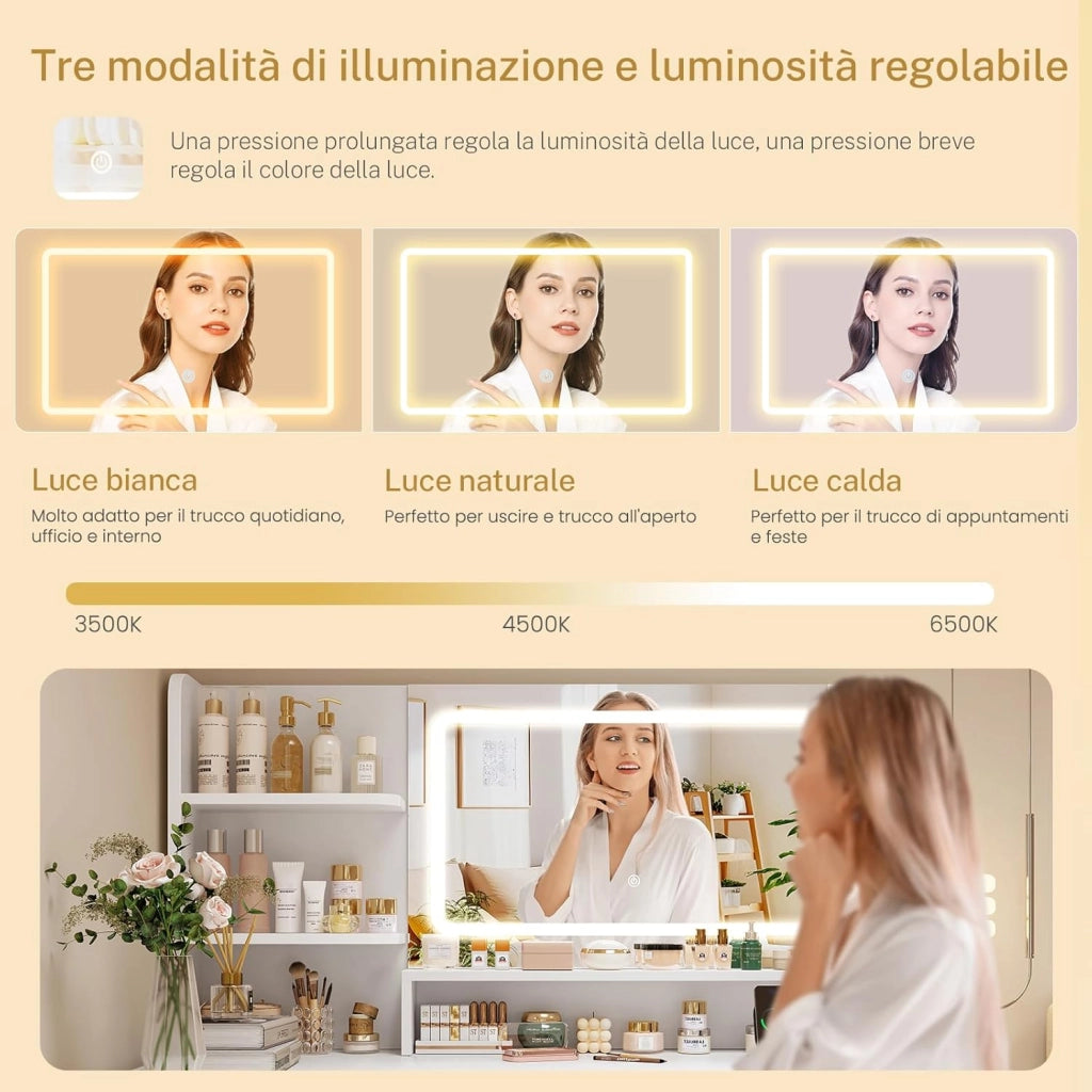 Toeletta da Trucco,Toeletta con Luci LED, 3 Colori Luminosità Regolabile, Postazione Trucco con Prese,Bianco, 5 Cassetti, 3Ripiani Aperti, Vano di Archiviazione Laterale