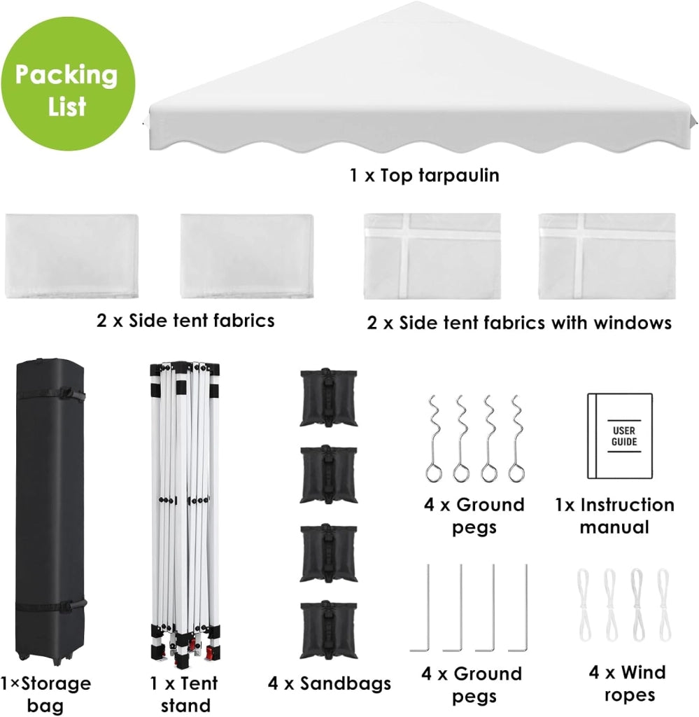 Gazebo 3x3 Pieghevole Impermeabile, Esterno Resistente Con 4 PCS Sacchi Di Sabbia, UV 50+, 4 Pareti Laterali - Per Giardino, Campeggio, Festival, Feste Bianco