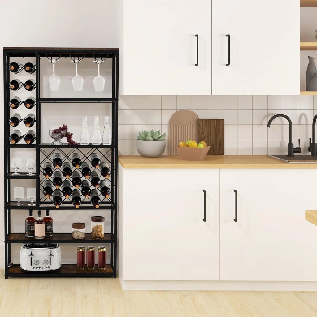 Portabottiglie da Terra, Cantinetta Portabottiglie Vino con Telaio in Metallo e 6 Ripiani, per 27 Bottiglie di Vino e 12 Bicchieri, per Cucina, Sala da Pranzo, 81 x 23 x 166 cm