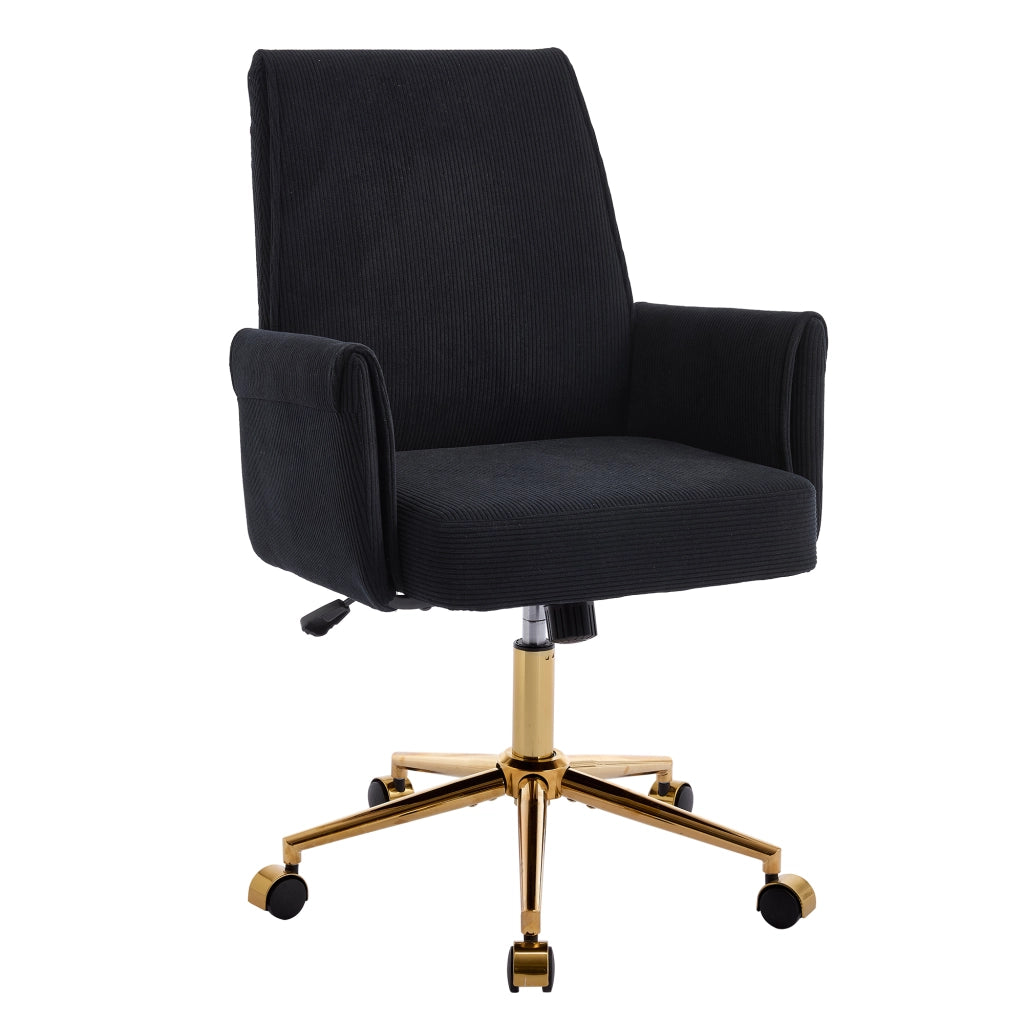 Sedia da ufficio girevole ergonomica con supporto lombare e braccioli, base in metallo dorato, in velluto a coste nero
