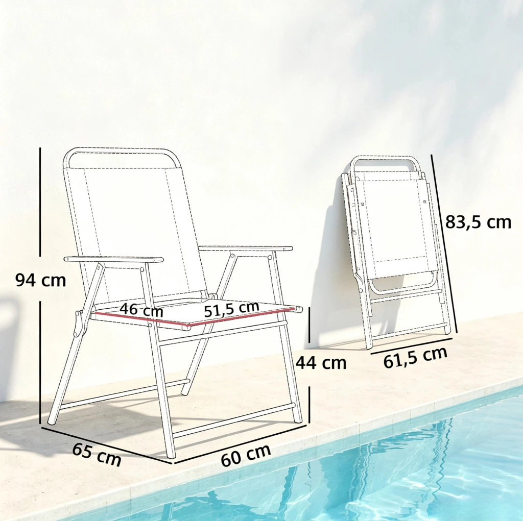 Set 4 sedie da giardino pieghevoli in acciaio e textilene nere; 65x60x94 cm