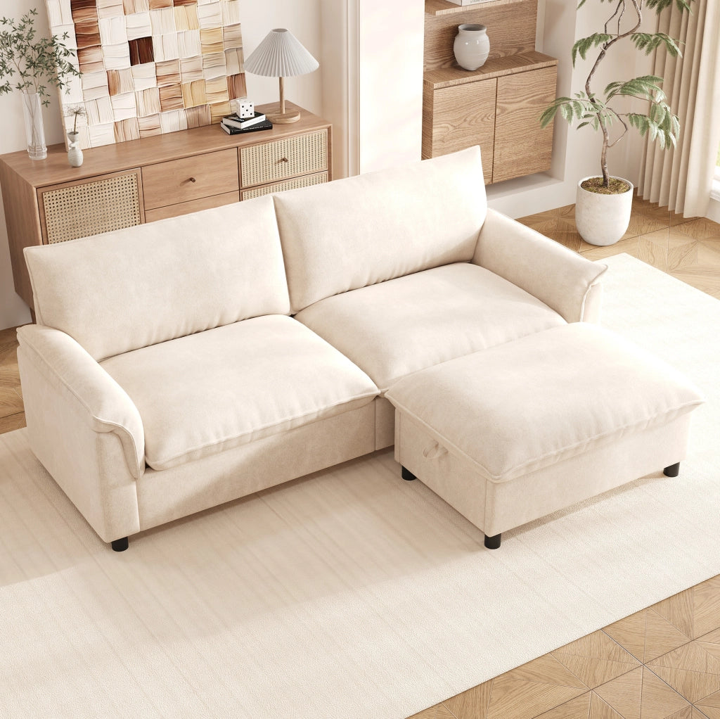 Divano modulare con pouf mobile e vano contenitore, colore beige