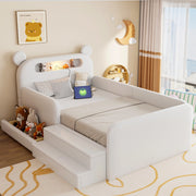 Letto imbottito per bambini 90x200 cm con testiera a orso; luce notturna; USB e contenitore; bianco