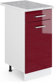 Base universale R-Line, Rosso bordeaux lucido, 40 cm con cassetto, con piano di lavoro, adatto per essere riposto in modo salvaspazio nelle cucine componibili